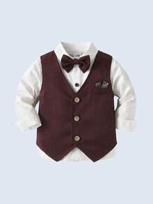 BOARNSEORL 3pcs Young Boys Gentleman Outfit - White Shirt, Bow Tie, Burgundy Vest & Pants, Suitable For Birthday, Christmas, New Year Party, Wedding, Anniversary - Burgundy - View 4