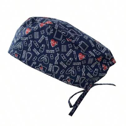 1pc Adjustable Tie Nursing Cap Suitable For All Head Shapes, Cute Red Heart Blue Background Design, Viscose (Cotton Blend) Head Wrap Cap, Heart Print Surgical Cap, Suitable For All Seasons, Unisex