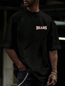 美国橄榄球队标语印花男士时尚圆领短袖T恤 - 黑色 - 查看 5