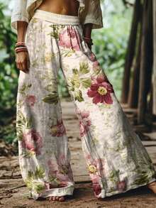 2026 Spring Summer New Arrival Vintage Bohemia Floral Pattern Women's Casual Pants Elastic Waist Trousers-Ladies' Elegant Retro Bohemian Casual Pants Beach Vacation Loose Printed Horn Wide Leg Pants Polyester Pants - Nhiều màu - Xem 2