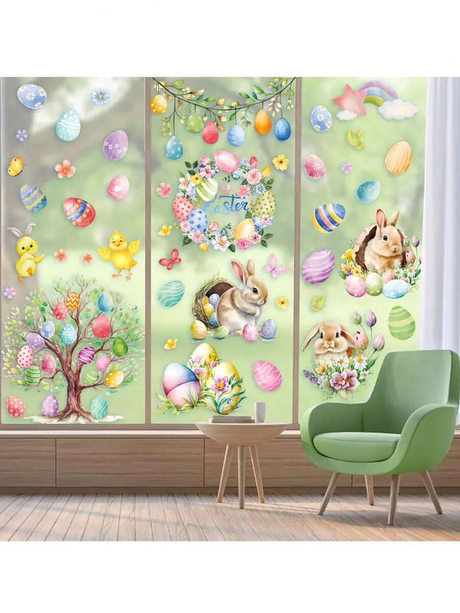 9pcs Double-Sided Happy Easter Window Decor Sticker Set - Rabbit, Eggs And Chick Stickers For Windows And Refrigerators, Ideal For Home And Office Easter Decoration - Multicolor - View 1