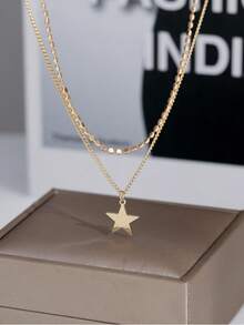 2件套扁平珠链双层五角星吊坠项链 - 金黃色 - 查看 2