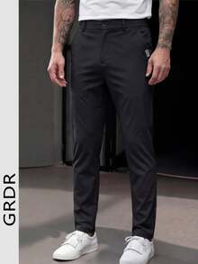 Men's Side Pocket Fitted Casual Pants, New Arrival Men's Casual Business Long Trousers, Men's Clothing, Breathable Ice Silk Fabric, Suitable For Husband, Boyfriend, Hanging Out With Friends, Parties - Black - View 1