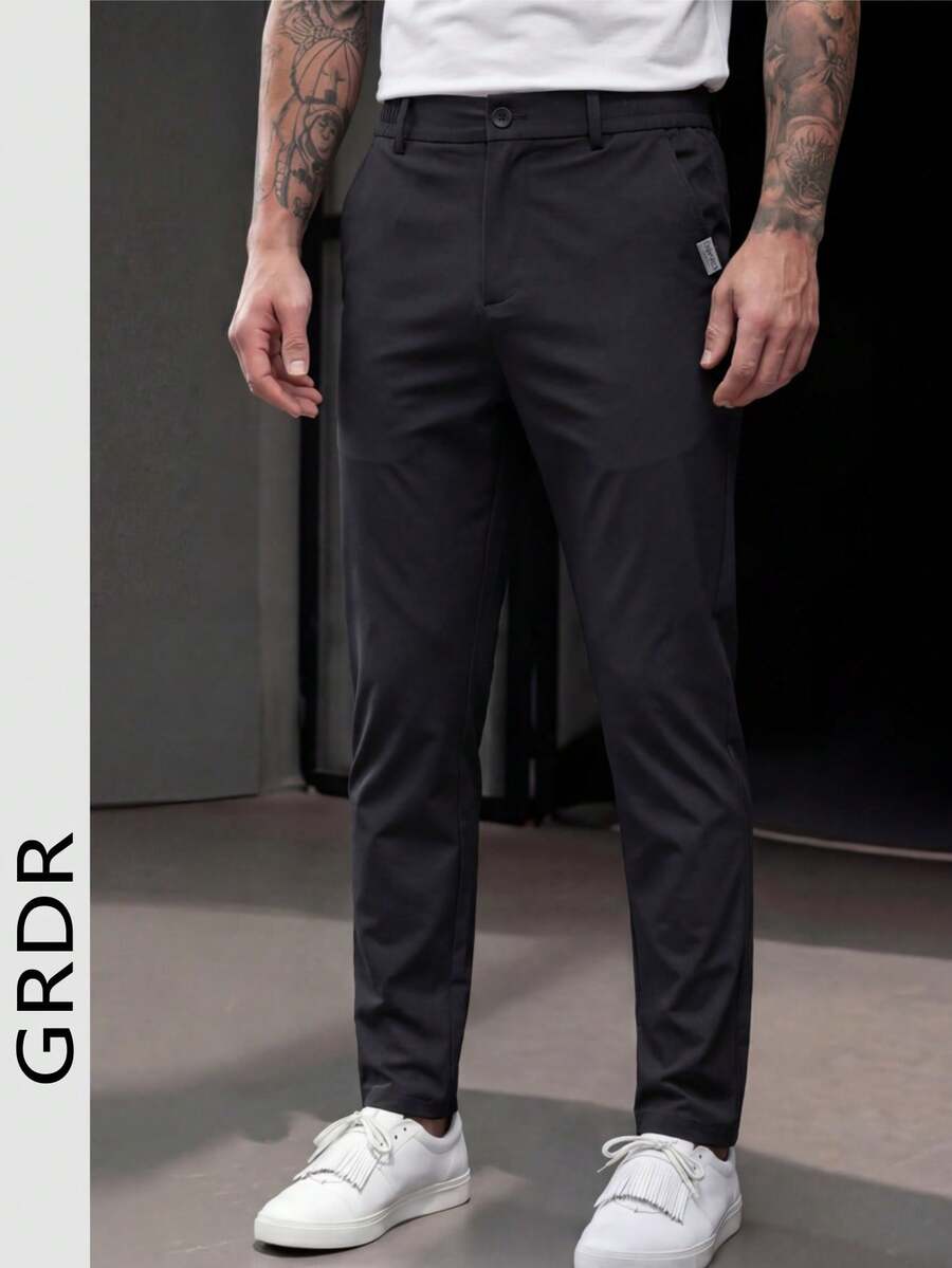 Men's Side Pocket Fitted Casual Pants, New Arrival Men's Casual Business Long Trousers, Men's Clothing, Breathable Ice Silk Fabric, Suitable For Husband, Boyfriend, Hanging Out With Friends, Parties - Black - View 1
