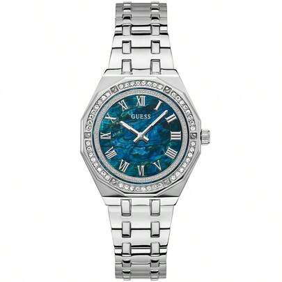  Reloj de mujer de cuarzo Guess Desire, diseño moderno, esfera redonda azul, correa de acero inoxidable plateada, adecuado para uso diario de negocios y fiestas, opción de regalo de cumpleaños y aniversario, caja con estilo con cristales incrustados, GW0770L1