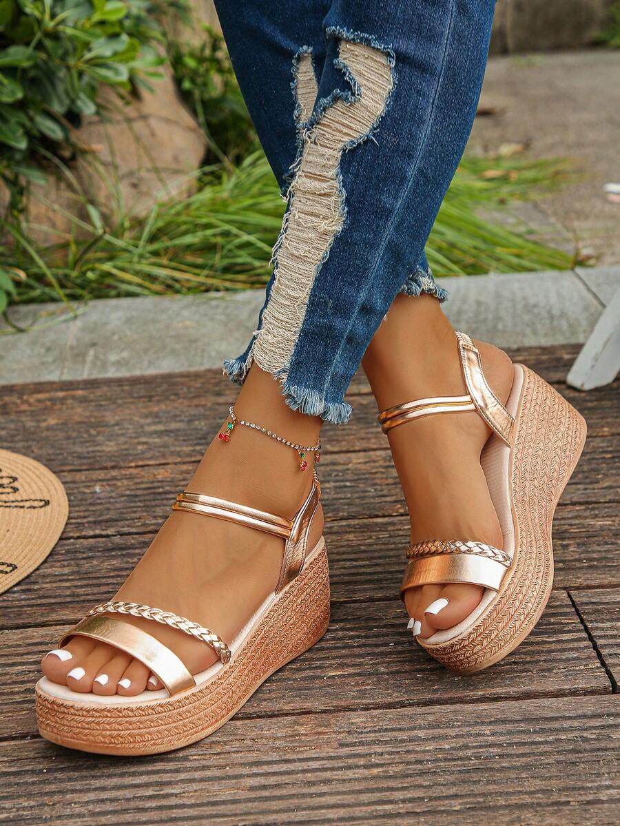 1 đôi sandal đế cao mùa hè dành cho tuổi teen, kiểu dáng tối giản thời trang, màu trơn, bề mặt bóng, đế dày, thoải mái, thích hợp cho đi làm hàng ngày, đi nghỉ mát, đi biển, sandal cao gót nhẹ. - Vàng - Xem 1