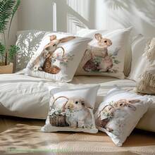MEMNUN 4pcs Watercolor Floral Basket & Rabbit Print Polyester Decorative Throw Pillow Covers [No Pillow Insert], 17.7*17.7in(45*45cm), [Single-Sided Printing], Easter Spring Theme Cushion Covers For Sofa, Bed, Living Room, Bedroom, Car, Office, Hotel Decor, Perfect Gift For Family And Friends - Multicolor - View 11