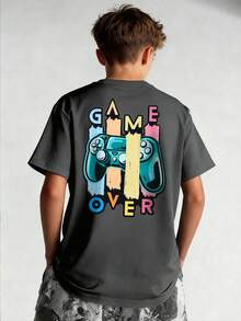 Camiseta de manga corta con cuello redondo y estampado casual para niños preadolescentes y estudiantes, top de verano - Gris Oscuro - Ver 8