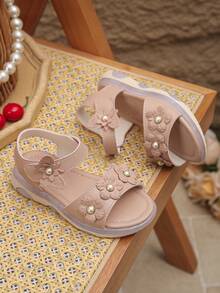 1 par de sandalias de verano para niñas, de unicolor a la moda, con puntera abierta, suela blanda, cierre de gancho y bucle, con flores y perlas, cómodas y planas. Corre pequeño. - Rosa vieja - Ver 8