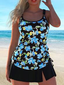 2026 New Casual Resort Floral Print Crew Neck Gathered Wide Skirt Women's Plus Size Tankini Two-Piece Set - 彩色 - 查看 1