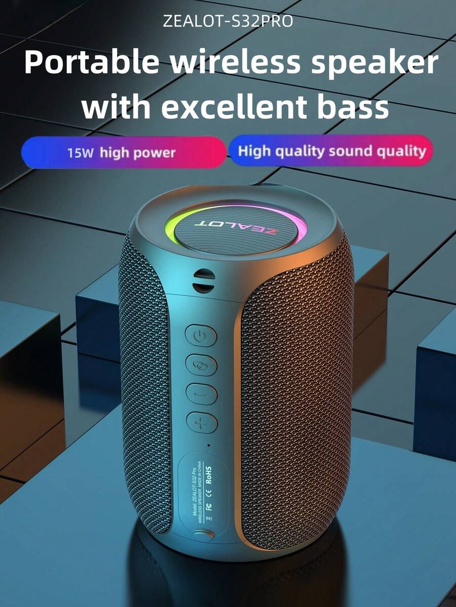 ZEALOT S32PRO 15W 无线音箱，便携式蓝牙音箱，带 RGB 灯光，高品质立体声，8 小时播放时间，兼容 SD 卡/USB/AUX，支持双设备配对，适用于户外/骑行/室内/桌面/海滩等多种场景。