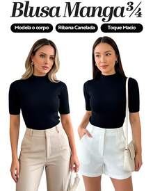 Kit 2 Women's Blouse High Neck Ribbed Premium 3/4 Sleeve Basic Elegant Comfortable Classic And Timeless Women's Fashion Ideal For Work Everyday Or Going Out Combines With Jeans Skirt Or Shorts Versatile Style Essential Piece That Enhances The Look With Comfort And Quality - 2 黑色 - 查看 1