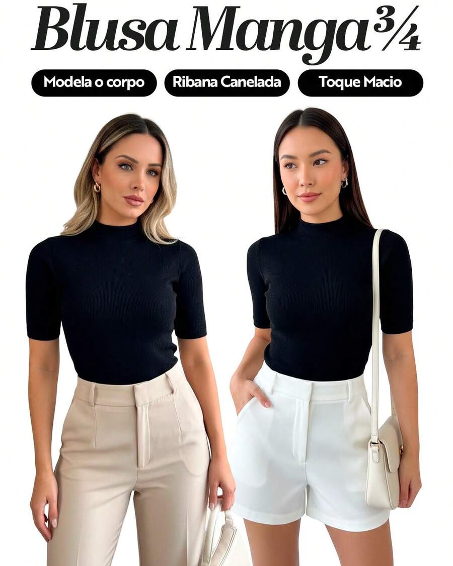 Kit 2 Women's Blouse High Neck Ribbed Premium 3/4 Sleeve Basic Elegant Comfortable Classic And Timeless Women's Fashion Ideal For Work Everyday Or Going Out Combines With Jeans Skirt Or Shorts Versatile Style Essential Piece That Enhances The Look With Comfort And Quality - 2 黑色 - 查看 1