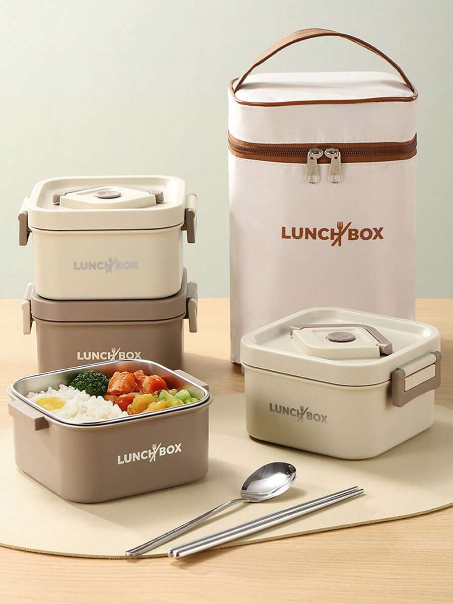 Set Wadah Makan Siang Terisolasi Portabel Dewasa & Pelajar 1/3/4/5 buah, Kotak Bento Stainless Steel yang Dapat Ditumpuk untuk Makanan Panas, dengan Tas Makan Siang Terisolasi, Unisex, 4 Wadah Makanan Panas Terpisah, Aman untuk Microwave (Aprikot/Cokelat) - MultiWarna - View 1