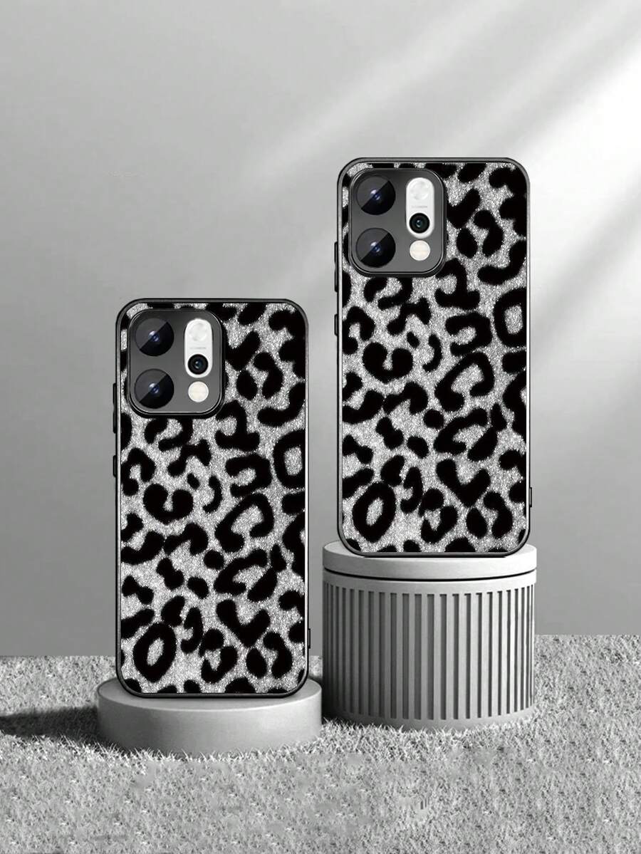 Cheetah,Leopard Print Classic Black Leopard Print Painted Glass Phone Case, Compatible With Samsung/Compatible With Redmi/Vivo/Realme/OPPO/Honor, Various Phone Models Protective Cover - Black - View 1