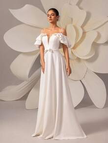 Elegant Deep V-Neck Off-Shoulder Bowknot Lace Trim Maxi Wedding Dress For Bride - White - View 5
