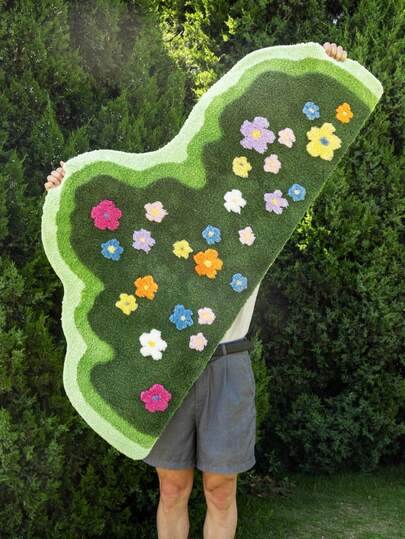 1块1000克加厚防起球花卉图案防滑柔软无异味装饰地毯，可爱花园风格毛绒地垫，适用于卧室、客厅、宠物区