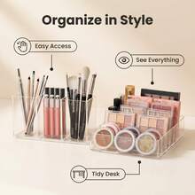 2-In-1 Acrylic Makeup Organizer And Eyebrow Brush Set | Transparent Makeup Brush, Eyeshadow And Lipstick Storage | Vanity Organizer Set - Multicolor - View 3