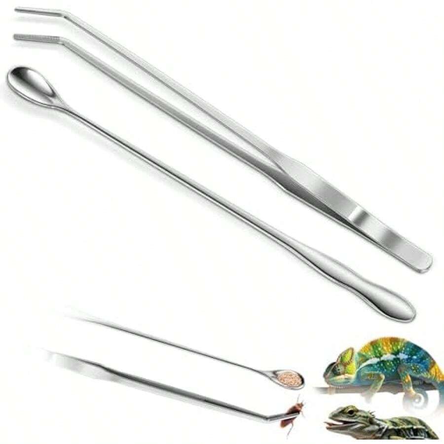 Quelong 2pcs Reptile Feeding Tongs, Feeding Spoon, Stainless Steel Aquarium Feeding Tools, Curved Long Tweezers 10.6 In, Long Spoon 10 In (Coffee Spoon) For Feeding Lizards, Bearded Dragons And More. - / - View 1