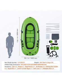 Bote inflable de pesca para 5 personas, resistente kayak portátil de PVC, remos de aluminio de 115 cm, bomba de alto rendimiento, portacañas y 2 asientos, capacidad de 500 kg para adultos. - Verde - Ver 7
