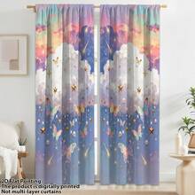 2pcs Rainbow Cloud Star Butterfly Bubble Refreshing & Healing Style Curtains, Polyester Fiber Material, Suitable For Rental House, Living Room, Bedroom, Children's Room, Removable & Washable, Semi-Blackout - Multicolor - View 4
