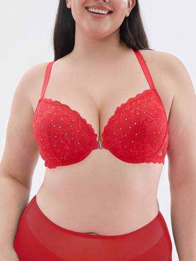 Plus Size Women Lace Padded Push Up Bra - Lift, Enhance Bust, Comfortable & Versatile, Ideal For Daily Wear