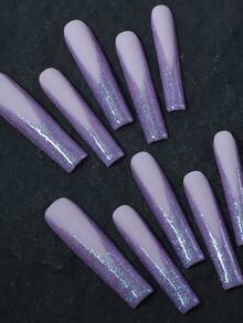 CrystalHola Valentine's Day : 10 Handmade Press-On Nail Stickers, French Square Long Nails, Purple Nail Surface With Purple Glitter, Simple And Classic, Full Coverage, Removable And Reusable, Long-Lasting And Durable, Unique Summer Nail Art, A Stylish Necklace Essential For Parties And Weddings. Nail Supplies - Multicolor - View 3