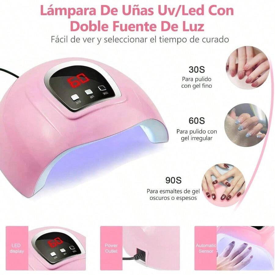 Lámpara De UñasLámpara Secador De Uñas Set Con 3 Temporizadores Sensor Inteligente Placa Base íble 15pcs Niña Pinceles Para Uñas 10pcs Rollos De Cintas Adhesivas 5pcs Lápiz De Punto -009 - Rosado - Ver 1