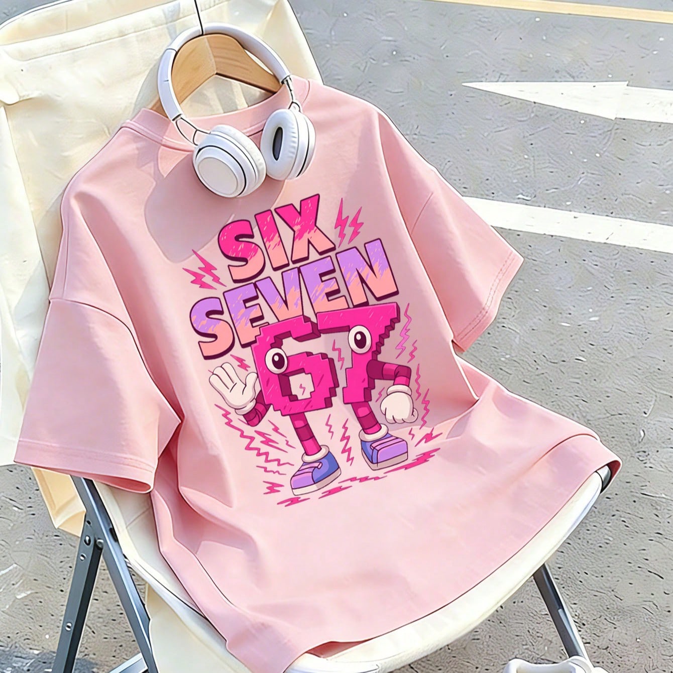 Camiseta de niña preadolescente con estampado numérico "SEIS SIETE" en rosa, adecuada para uso diario, estilo callejero, eventos, top de verano casu