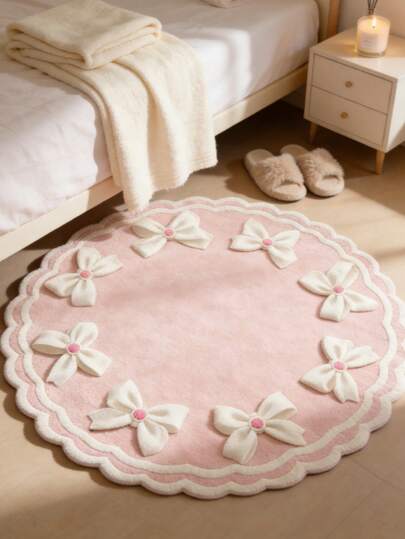 1件粉色圆形白色蝴蝶结装饰地毯，装饰地毯，卧室装饰，小地毯，地毯，家居装饰，客厅地毯，小型客厅地毯，卧室地毯，客厅家居装饰，户外地毯，可水洗地毯