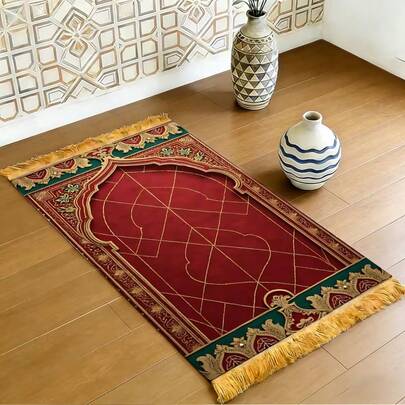 1件红色复古花卉印花装饰地毯，带金色流苏饰边，波西米亚风格，毛绒地毯，厚地毯，蓬松地毯，秋冬季地毯