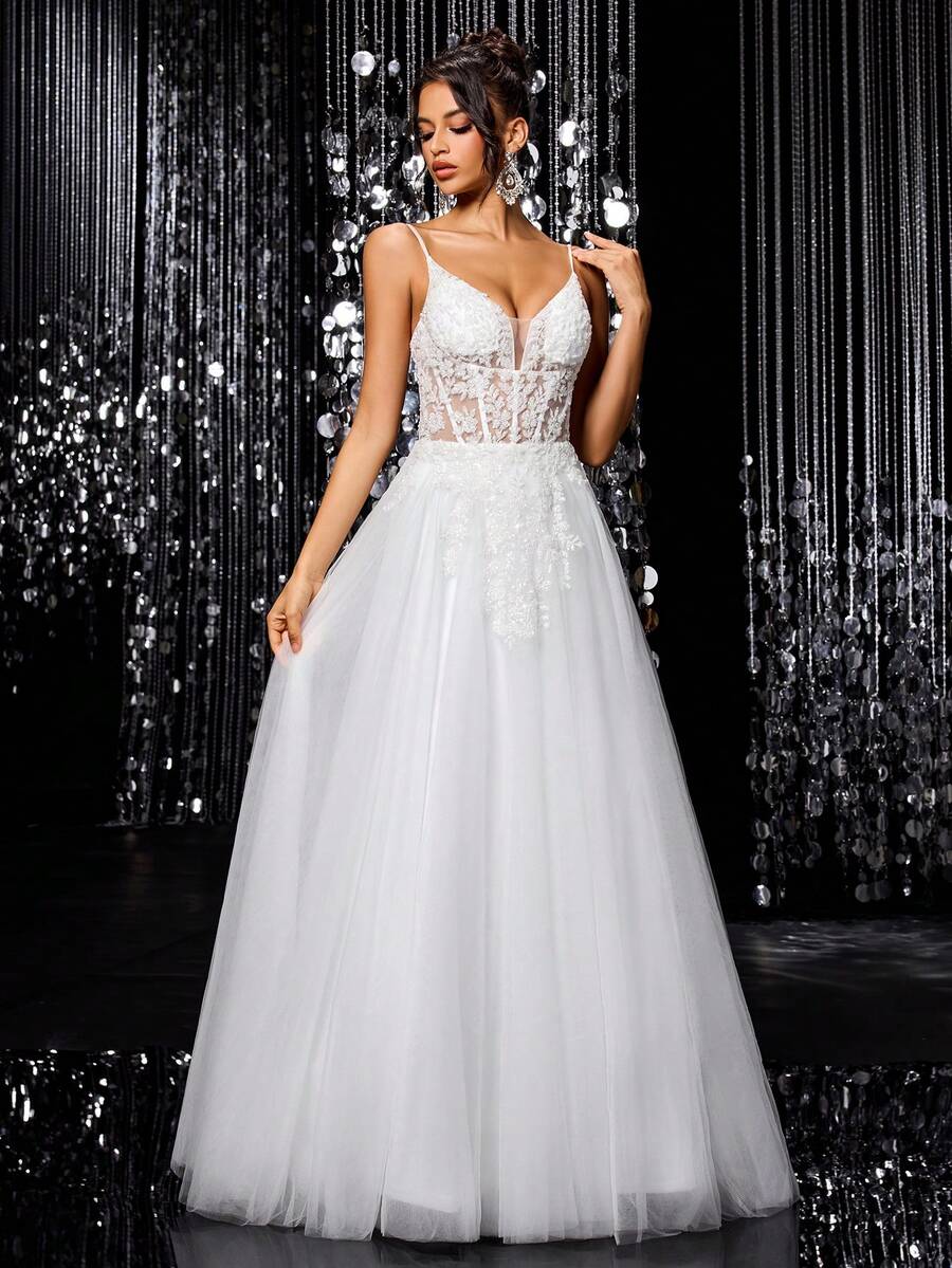 纯色串珠亮片刺绣网纱薄纱伞裙摆露背系带长款婚纱 - 白色 - 查看 1