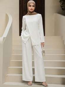 Livesso Women's Round Neck Long Sleeve Split Hem Top And Straight Leg Pants 2 Pieces Casual Set - White - View 2