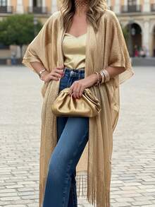 Spring/Summer/Autumn Mesh Beach Sheer Coverup, See-Through Vacation Sun Protection Cover Up, Fringe Knit Shawl Cover Up, Casual Street Wear Cover Up Top, Light Dress Coverup, Party/Commute Fringe Cover Up, Holiday Beach Swimsuit Cover-Up - Gold - View 3