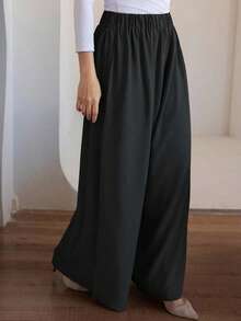 DAZY Women's Solid Color Elastic Waist Wide Leg Pants, Casual Trousers - Black - View 2