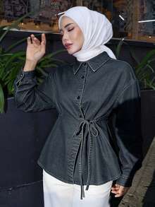 DAZY 女式前扣前系带长袖牛仔上衣 - 深色水洗藍 - 查看 2