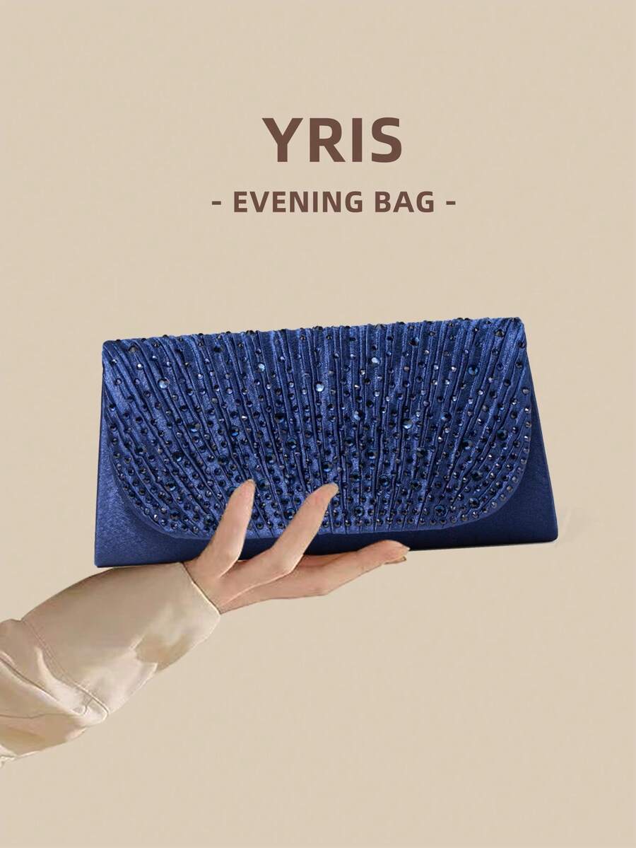 1pc Fashionable Navy Blue Satin Clutch Bag For Women, Paired With Sparkling Diamonds, Elegant Business Bag Suitable For Women's Daily Use, Clutch/Handbag/Shoulder Bag/Crossbody Bag, Applicable For Wedding/Party/Prom/Banquet - Navy Blue - View 1