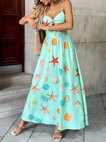 Vestido de mujer con cintura ceñida y estampado de estrella de mar, adecuado para vacaciones, primavera/verano - verde menta - Ver 4