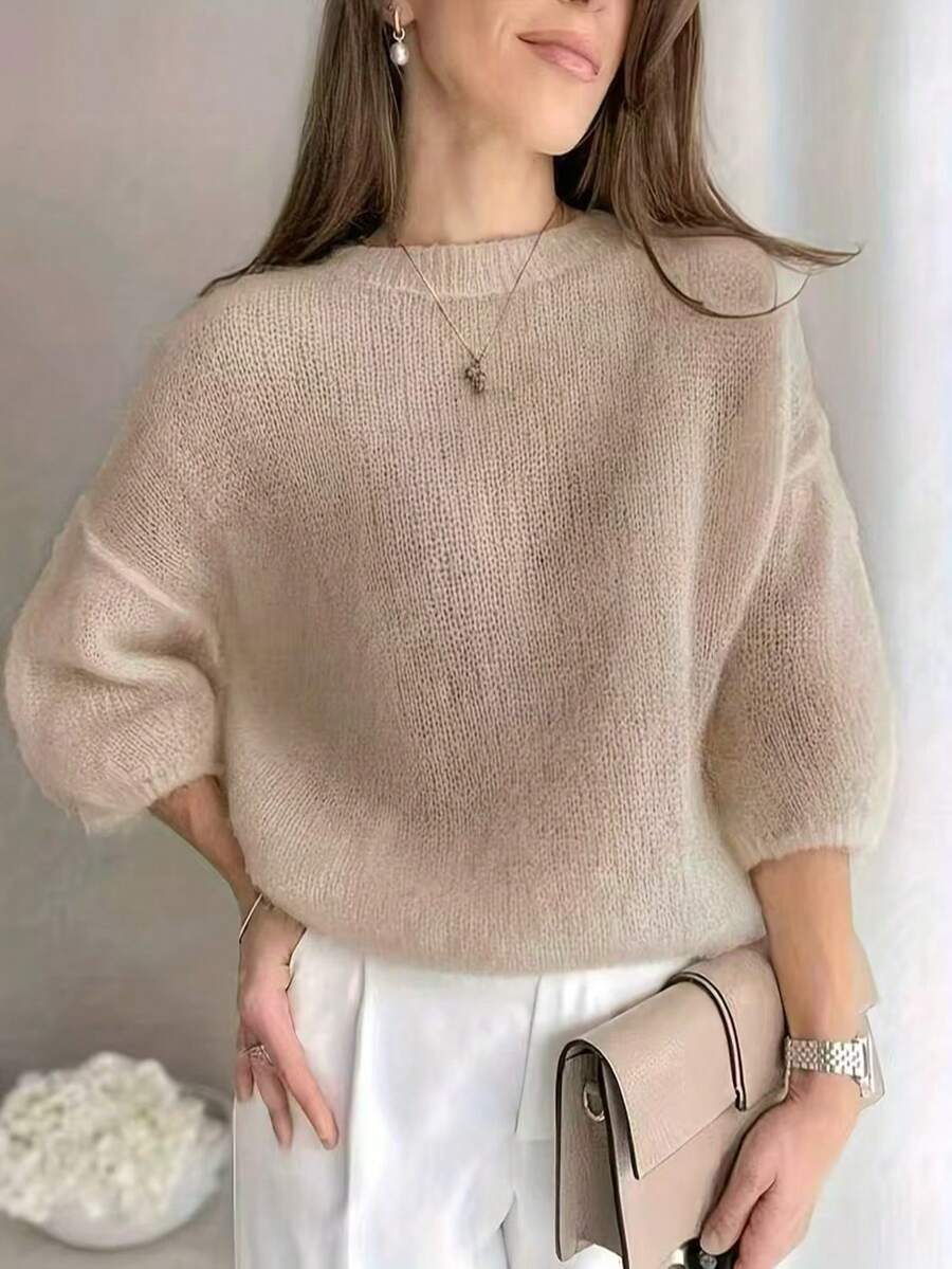 Áo len dệt kim khoét lỗ màu trơn dáng rộng, thích hợp cho mùa xuân. - Màu be - Xem 1