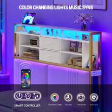 HEXCELEN Headboard With 3-Tier Storage Shelves, Velvet Upholstered Headboard With Outlet, 2 USB Ports & LED Light, Headboards Full Size Bed With Two Fabric Drawers, White And Gold - 白色 - 查看 4