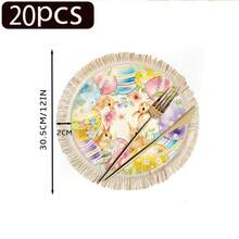 1/4/6 piezas Colección de Pascua, Conejos de color marrón claro dispersos entre huevos de Pascua de colores, rodeados de flores silvestres vibrantes y suave hierba verde, Posavasos/Mantel individual con estampado de lino y borlas - Multicolor - Ver 18