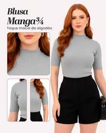 Kit 2 Women's Blouse High Neck Ribbed Premium 3/4 Sleeve Basic Elegant Comfortable Classic And Timeless Women's Fashion Ideal For Work Everyday Or Going Out Combines With Jeans Skirt Or Shorts Versatile Style Essential Piece That Enhances The Look With Comfort And Quality - 白色+混合 - 查看 2