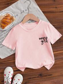 Young Girl Casual Graphic Print Crew Neck Short Sleeve T-Shirt, Summer Top - Pink - View 5