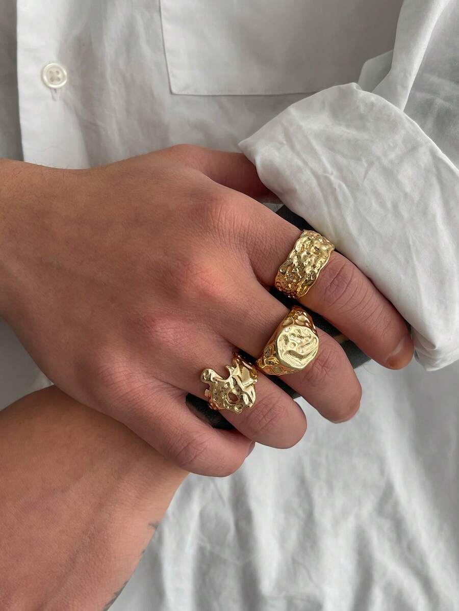 3pcs/Set Hip-Hop Vintage Asymmetric Pleated Charm Metal Wide Band Open Ring Set, Rockstar Punk Chic, Casual Minimalist, Street Style, Daily & Holiday Versatile Fashion Rings Gift For Men - Ring - View 1