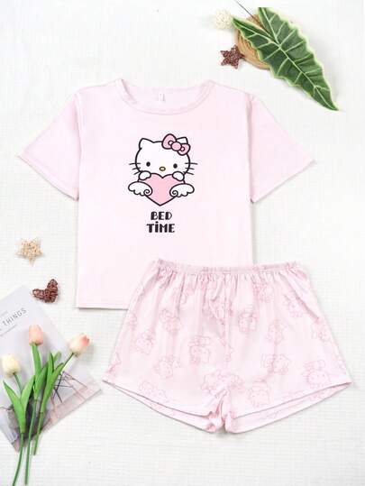  Conjunto de dos piezas de satén rosa de manga corta para mujer de Hello Kitty de Sanrio, ropa de casa delgada para primavera y verano, pijama de casa casual y cómodo con estampado de dibujos animados lindos de KT