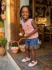 Toddler Baby Girls Easter Outfits 2 Piece Spring Summer Clothes 3D Carrot Waffle Sleeveless Tank Tops And Denim Shorts Set - Pink - View 2