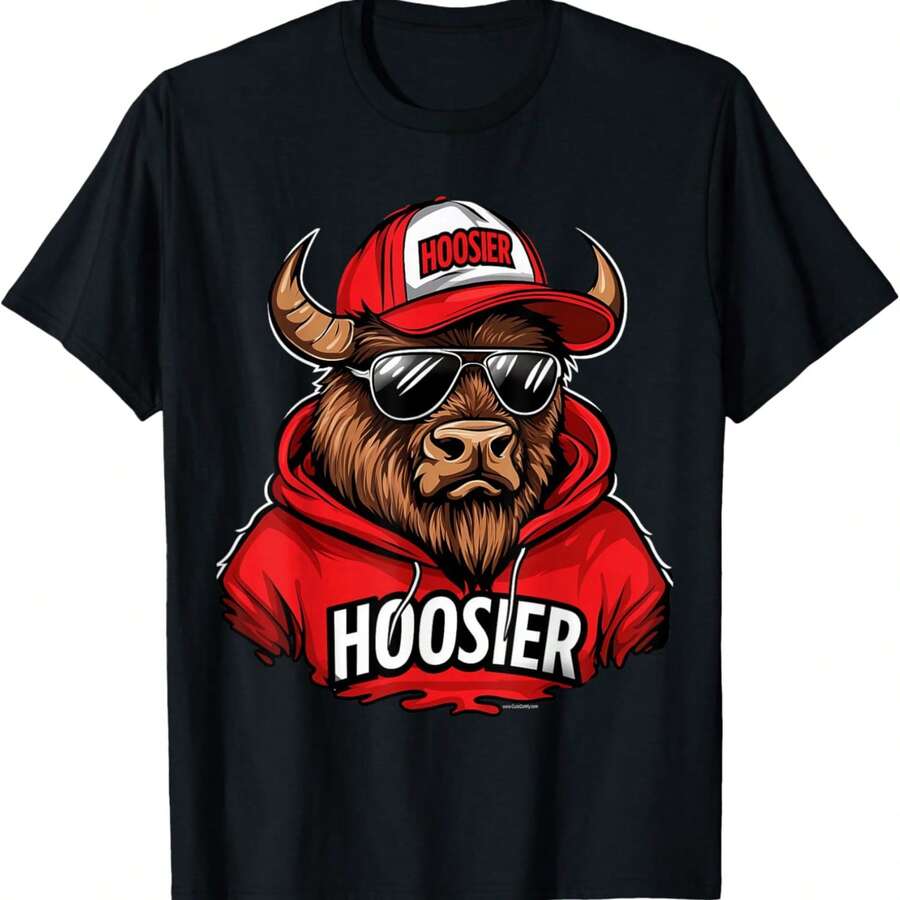 Cool Hoosier Guy Bison Throwback Retro Souvenir T-Shirt - 黑色4 - 查看 1