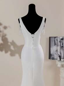 Simple Sleeveless White Wedding Dress, Made Of Draped Neckline And Train Woven Fabric - White - View 3
