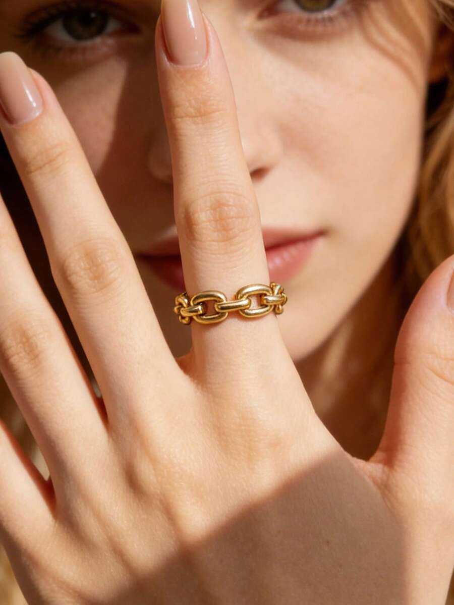 Mazuer 1pc Street Style Classic Chain Design 18K Gold Plated Stainless Steel Ring, Personalized Stackable Jewelry Accessory For Women - Gold - View 1