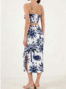 Women's 2 Pieces Floral Print Casual Outfit, Slit Ruffle Drawstring Beach Vacation Summer - Blue and White - View 5